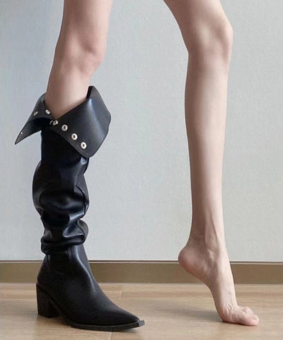 Botas de moda con tacón grueso y empalme de piel sintética negra 