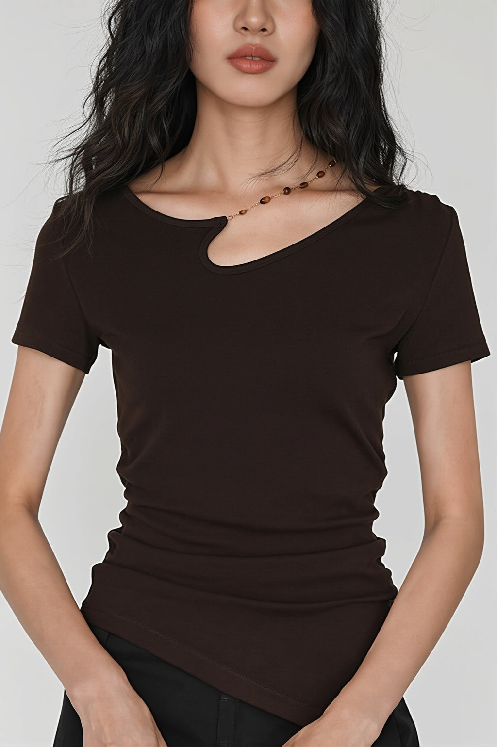 Solid Simple Beaded Hollow Neck T-Shirt