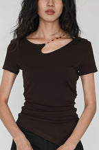 Solid Simple Beaded Hollow Neck T-Shirt