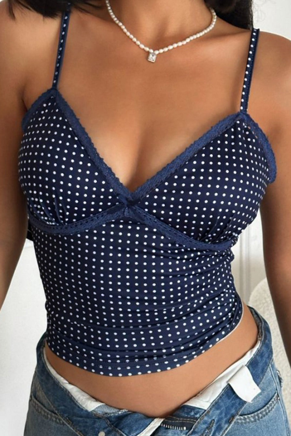 Sexy Polka Dot Color Block Lace Cami Top