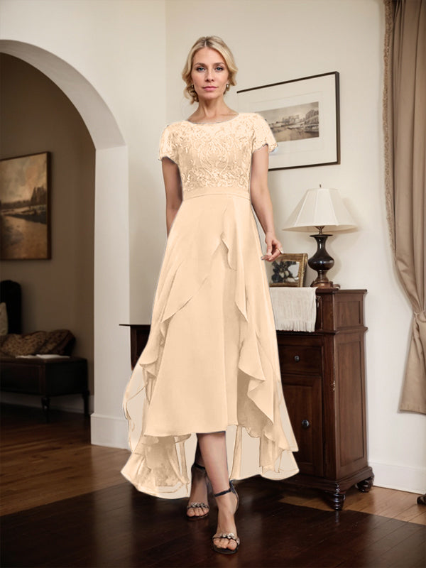 A-Linien-Kleid mit asymmetrischem Chiffon-Spitzenausschnitt, Schleife, Rüschen und Pailletten für die Mutter der Braut 