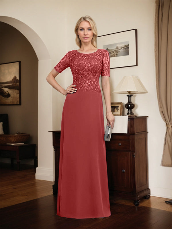 A-Linien-Kleid aus Chiffon mit Pailletten und Rundhalsausschnitt, bodenlang, für die Mutter der Braut