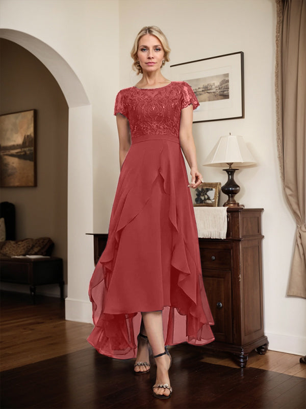 A-Linien-Kleid mit asymmetrischem Chiffon-Spitzenausschnitt, Schleife, Rüschen und Pailletten für die Mutter der Braut 