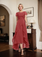 A-Linien-Kleid mit asymmetrischem Chiffon-Spitzenausschnitt, Schleife, Rüschen und Pailletten für die Mutter der Braut 
