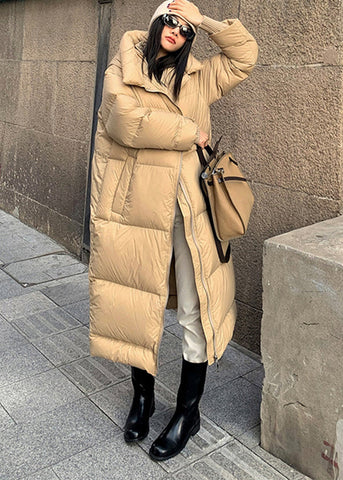 Mode Khaki Reißverschlusstaschen Kapuzen Entendaunen Puffer Mantel Winter 