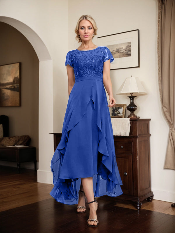 A-Linien-Kleid mit asymmetrischem Chiffon-Spitzenausschnitt, Schleife, Rüschen und Pailletten für die Mutter der Braut 