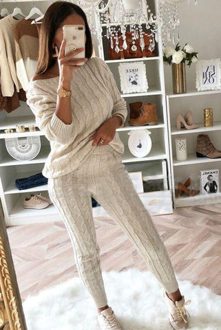 Set aus Zopfmusterpullover und Slim-Fit-Hose mit hohem Tragekomfort 