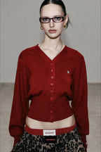 Red V Neck Knit Cardigan Blouse