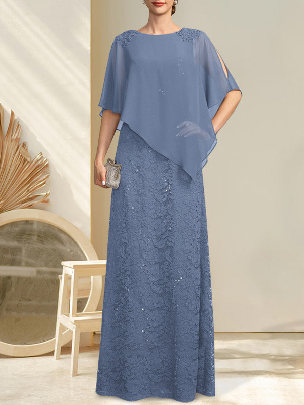Vestido de madre de la novia de gasa con encaje, escote redondo y largo hasta el suelo, con lentejuelas y abalorios