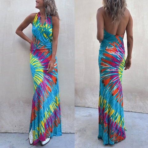 Vestido maxi tie dye sin mangas con cuello halter y espalda descubierta de Meridress