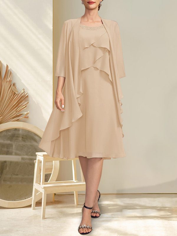 A-Linien-Chiffonkleid mit Rundhalsausschnitt und Perlenstickerei, knielang, für die Mutter der Braut