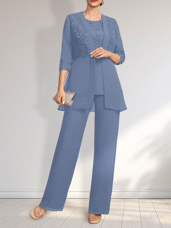 Jumpsuit/Hosenanzug-Set, bodenlanges Chiffon-Spitzenkleid mit Pailletten für die Mutter der Braut mit Rundhalsausschnitt