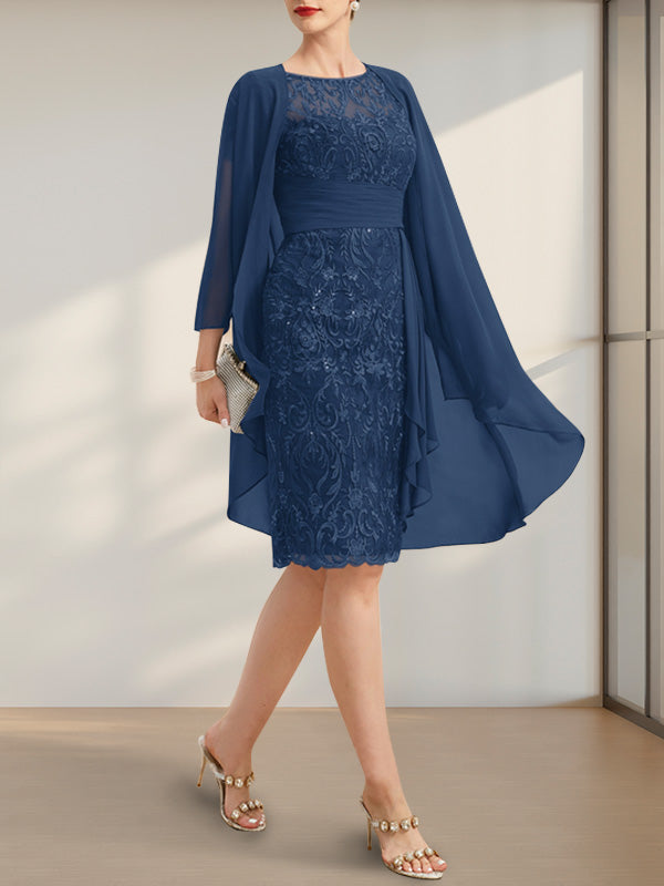 Etuikleid/Säulenkleid mit Illusion-Ausschnitt, knielang, aus Chiffon mit Spitze, Kaskadenrüschen und Pailletten für die Mutter der Braut