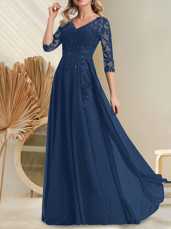 A-Linien-Kleid aus Chiffon mit V-Ausschnitt, bodenlang, mit Pailletten besetzt – ideal für die Mutter der Braut