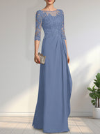 A-Linien-Kleid mit U-Boot-Ausschnitt, Illusion-Effekt, bodenlang, aus Chiffon und Spitze, mit Perlen, Pailletten und kaskadenartigen Rüschen – perfekt für die Mutter der Braut.