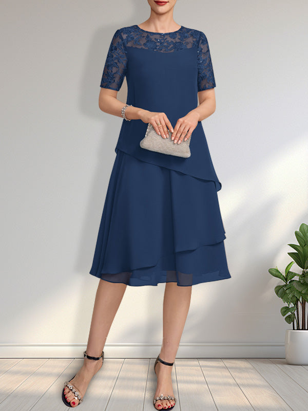 A-Linien-Kleid mit Rundhalsausschnitt, Illusion-Effekt, knielang, aus Spitze und Chiffon mit Pailletten für die Mutter der Braut