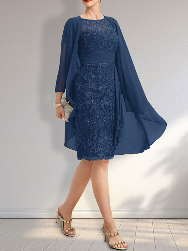 Etuikleid mit Rundhalsausschnitt, Illusion-Effekt, knielang, aus Chiffon mit Spitze, Rüschen und Pailletten – ideal für die Mutter der Braut