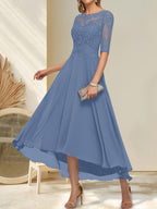A-Linien-Kleid mit U-Boot-Ausschnitt, Illusion-Effekt, asymmetrischem Chiffon-Spitzenbesatz und Paillettenstickerei für die Mutter der Braut.
