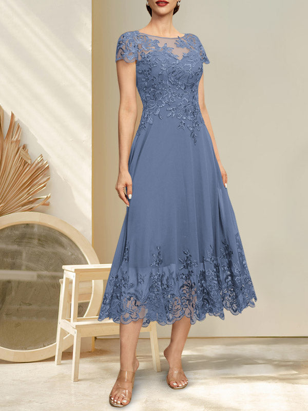 A-Linien-Kleid mit Illusion-Ausschnitt, Rundhalsausschnitt, Teelänge, Spitze und Chiffon, mit Pailletten, für die Mutter der Braut