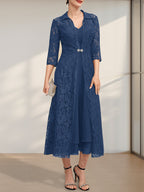 A-Linien-Chiffonkleid mit V-Ausschnitt und Teelänge für die Mutter der Braut