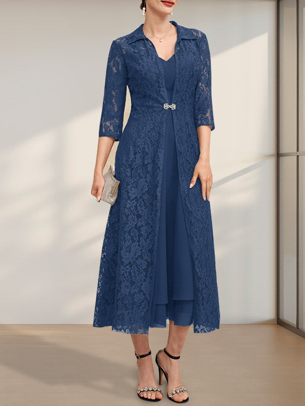 A-Linien-Chiffonkleid mit V-Ausschnitt und Teelänge für die Mutter der Braut