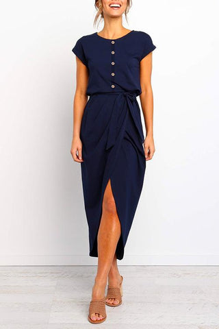 Meridress Solid Buttons Tie Waist Tulip Hem Dress