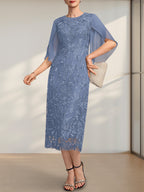 Etuikleid/Säulenkleid mit Rundhalsausschnitt, Teelänge, aus Spitze und Chiffon, ideal für die Mutter der Braut