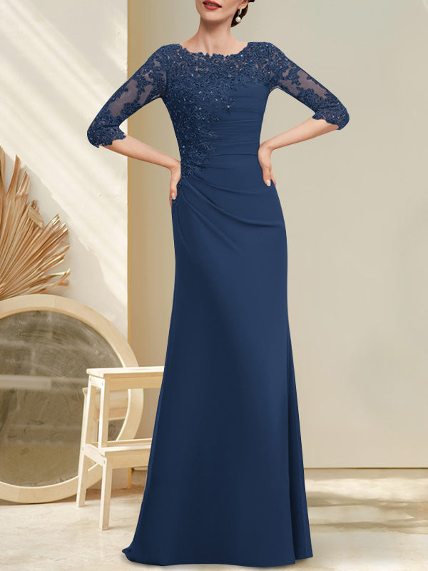 Vestido de gasa para madre de la novia, corte A, largo hasta el suelo, con encaje, cuentas y lentejuelas plisadas