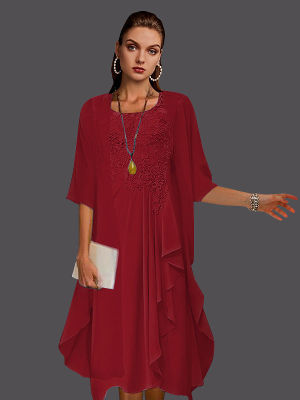 Zweiteiliges, ärmelloses A-Linien-Kleid aus Chiffonspitze mit Faltenapplikationen 
