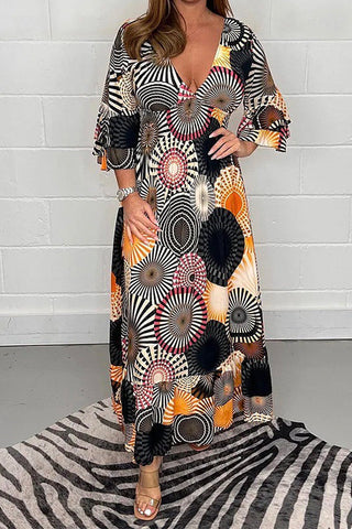 Vestido largo estampado con vuelo y mangas con volantes y cuello en V de Meridress