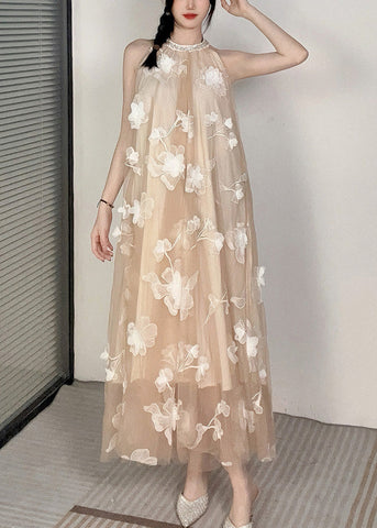 Ärmelloses Tüllkleid mit Blumenmuster und Rundhalsausschnitt und kalter Schulter 