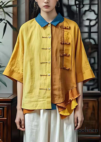 Vorverkauf - Versand in 30 Tagen/Vintage Gelb Peter Pan Kragen Rüschen Patchwork Tops Halbarm 