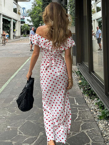Summer Dress Maxi Dresses White Bateau Neck Ruffles Polka Dot Polyester Beach Dress