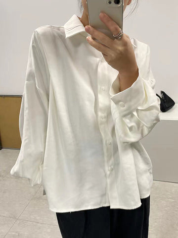 Blusas y camisas sencillas de manga larga, sueltas, abotonadas, plisadas, de color liso, con cuello de solapa 