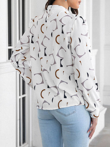 Casual Loose Long Sleeves Contrast Color Printed Stand Collar Blouses&Shirts Tops