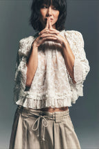 Lace Hollow Ruffle Sleeve Crop Blouse