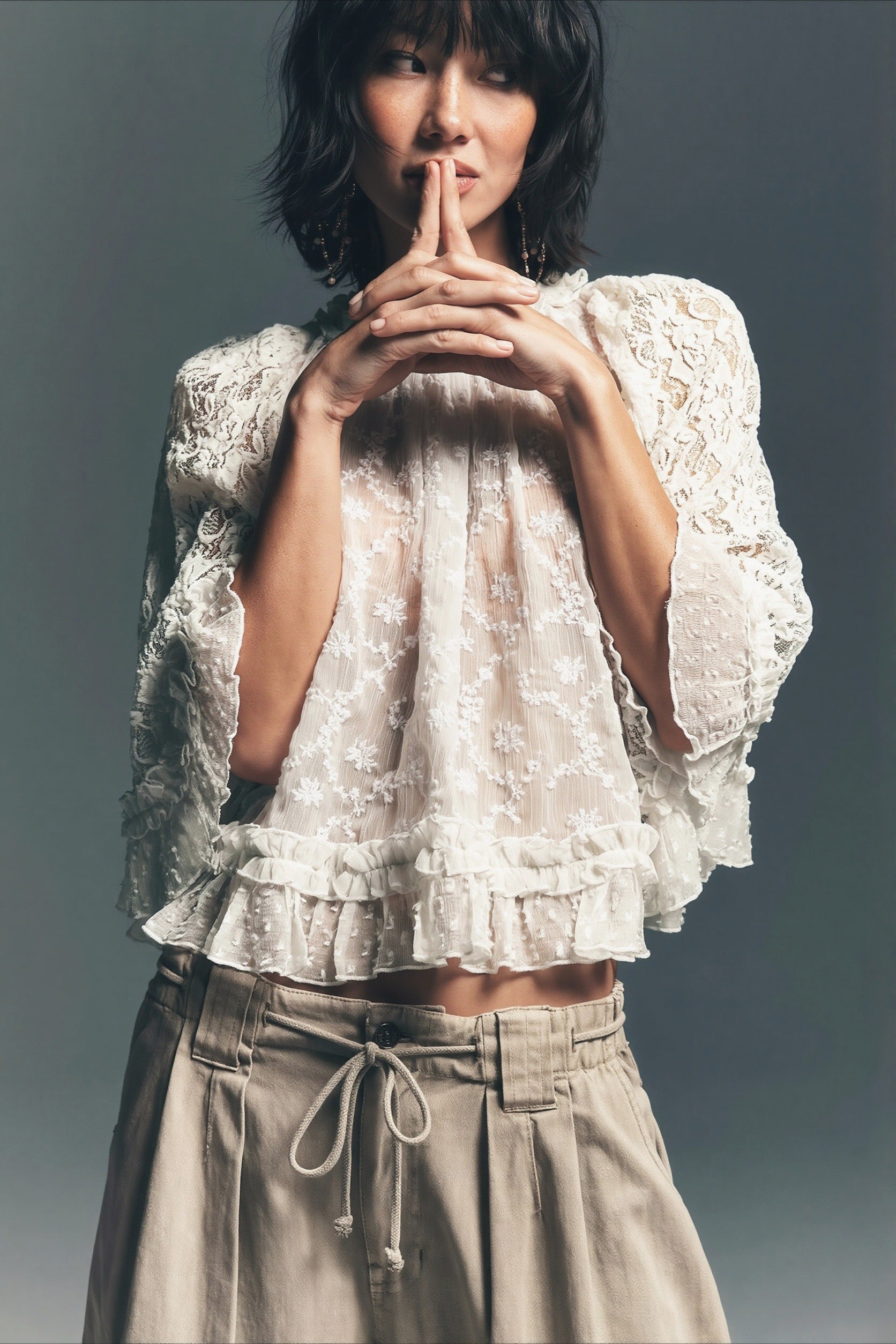 Lace Hollow Ruffle Sleeve Crop Blouse