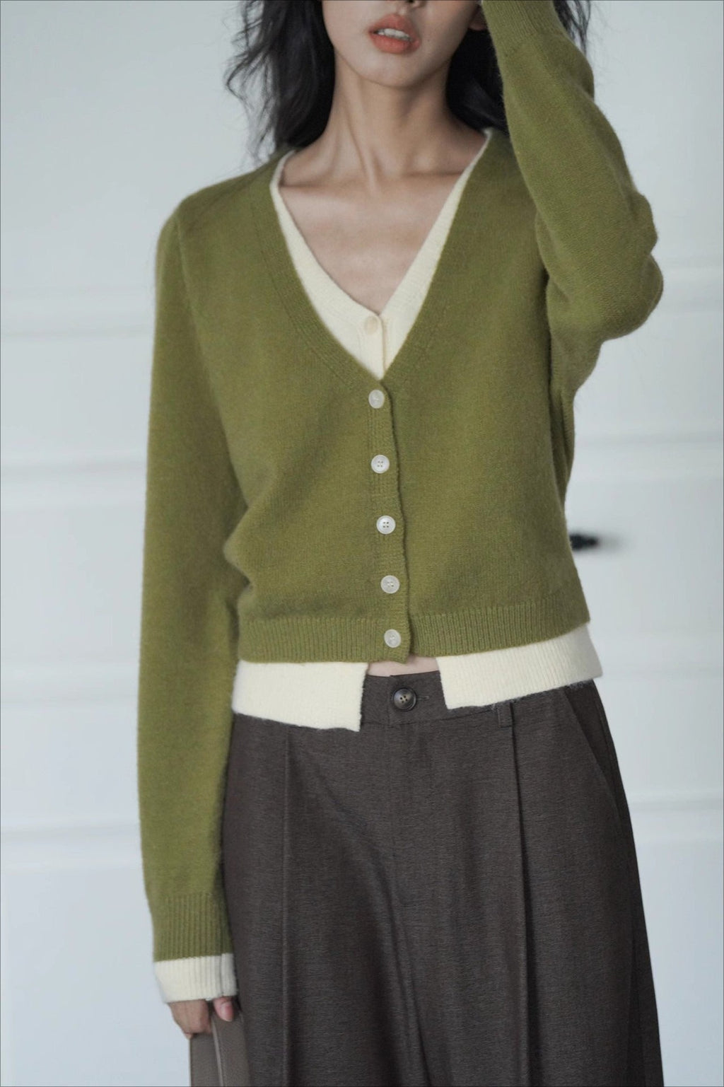 Green Two-Layer Knit Cardigan