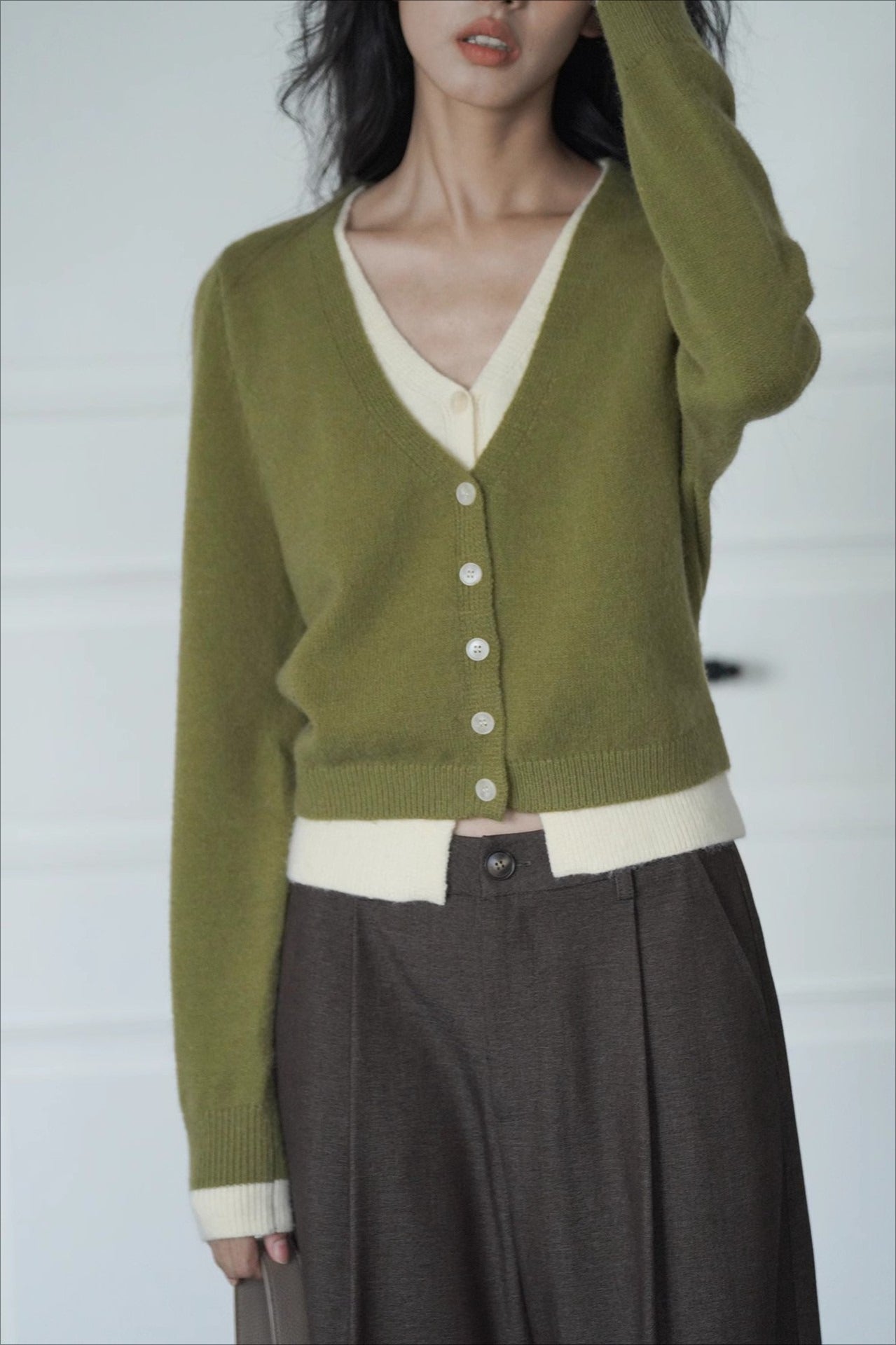 Green Two-Layer Knit Cardigan