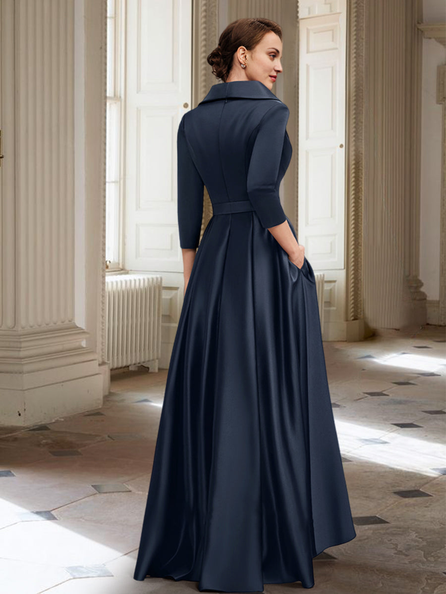 A-Linien-/Prinzessinnen-Kleid mit langen Ärmeln, Taschen und Gürtel für die Mutter der Braut. 