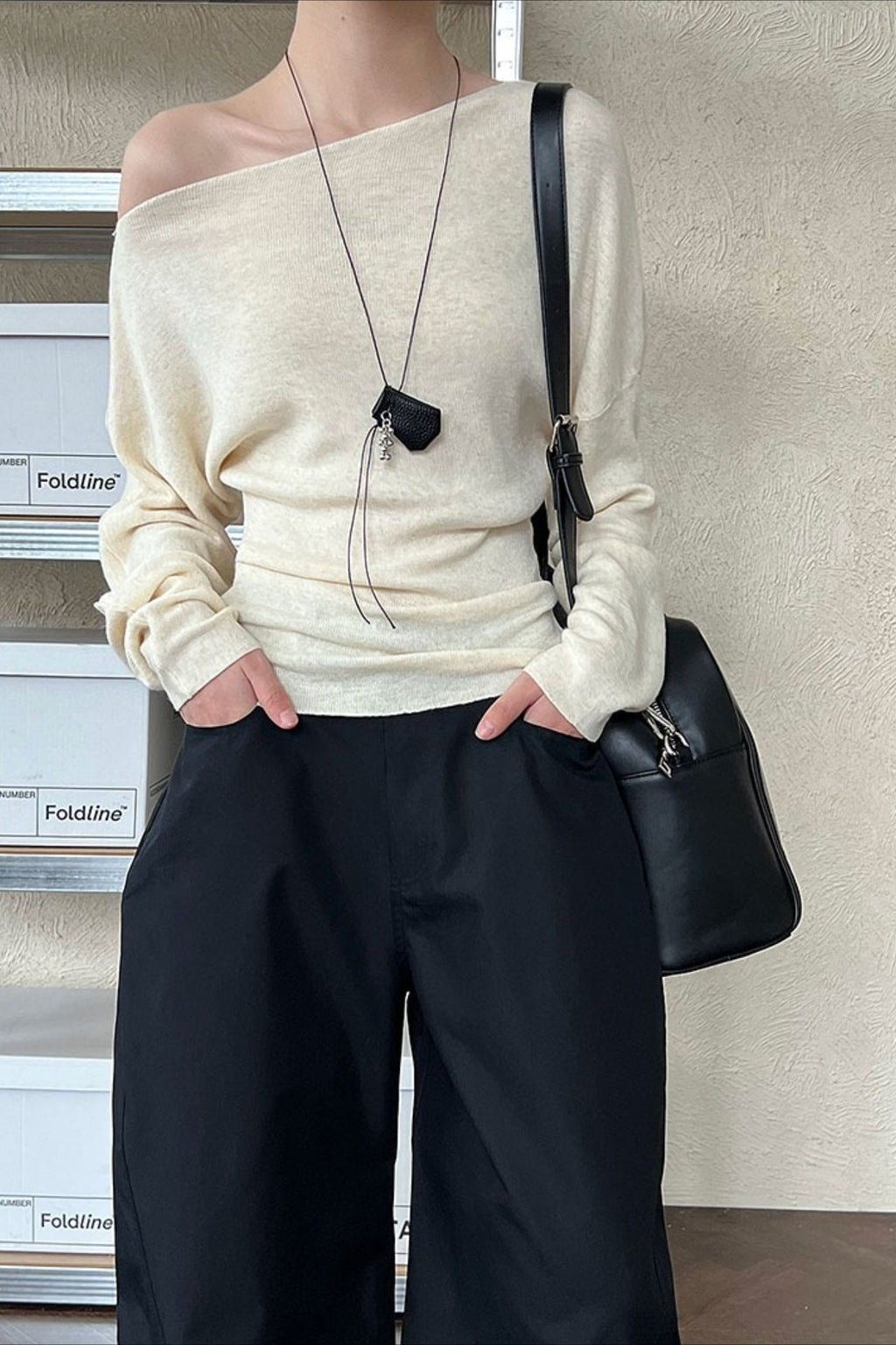 Waist Defining Asymmetric Shoulder Knit Top
