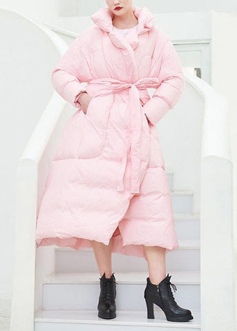 Lose schwarze Krawatte Taille Taschen Entendaunen Langer Daunenmantel Winter 