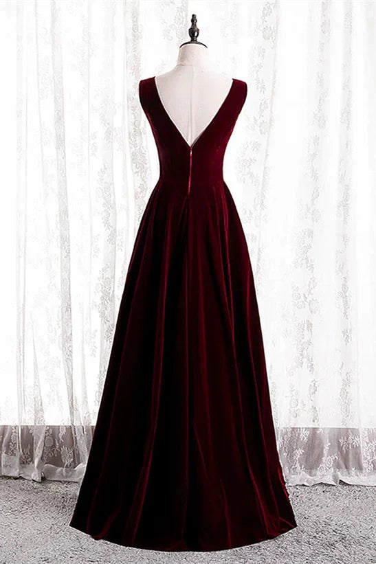 Vestido de fiesta largo sin mangas con escote en V de terciopelo de corte A, vestido de dama de honor