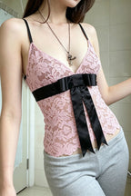 Sweet Color Block Bow Lace Cami Top