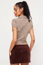 Plaid Ruffled Tie Lapel Slim Blouse