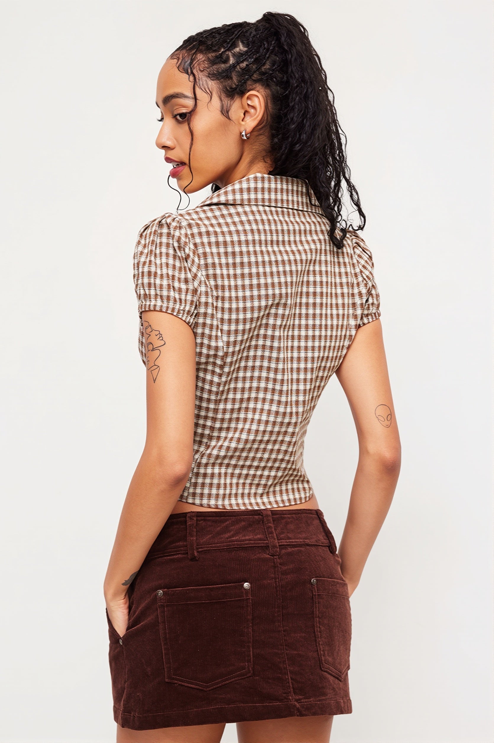 Plaid Ruffled Tie Lapel Slim Blouse