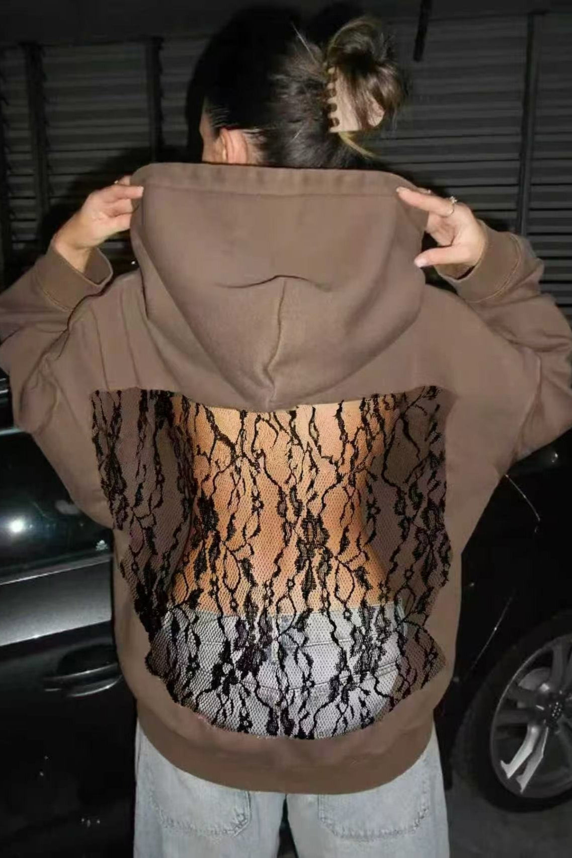 Hollow Mesh Long Sleeve Pullover Hoodie