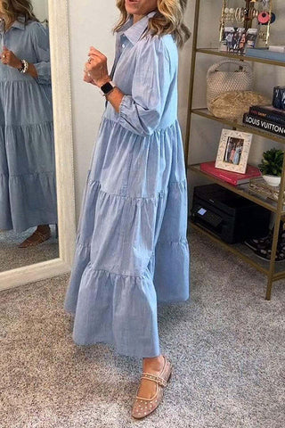 Vestido largo holgado con puños elásticos y solapa de color liso