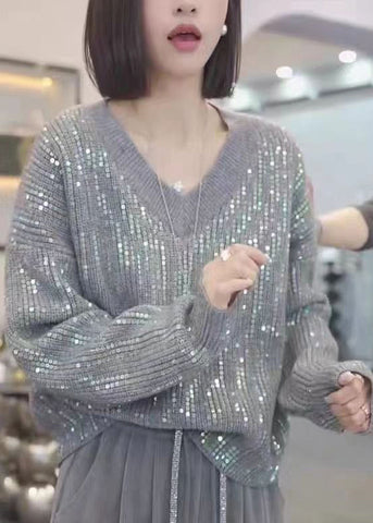 Schöne Rosa V-Ausschnitt Pailletten Patchwork Strickpullover Herbst 