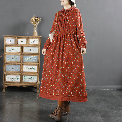 Vestido retro plisado de algodón y lino con estampado floral de invierno 